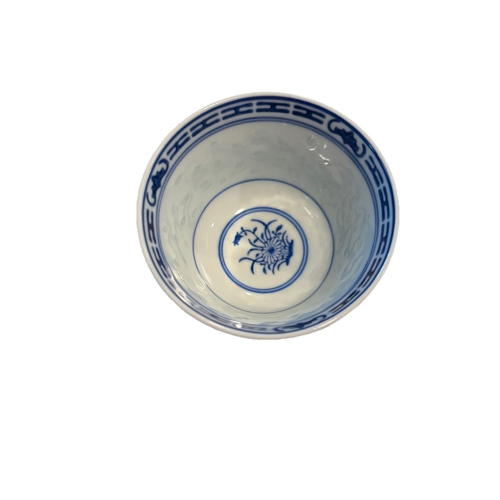 Vintage Chinese Rice Eye Porcelain Tea Cup Linglong Blue White Made in China 70s